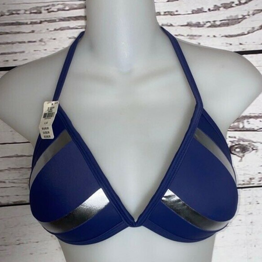 PINK Womens Bikini Swim Top Blue Silver Abstract L